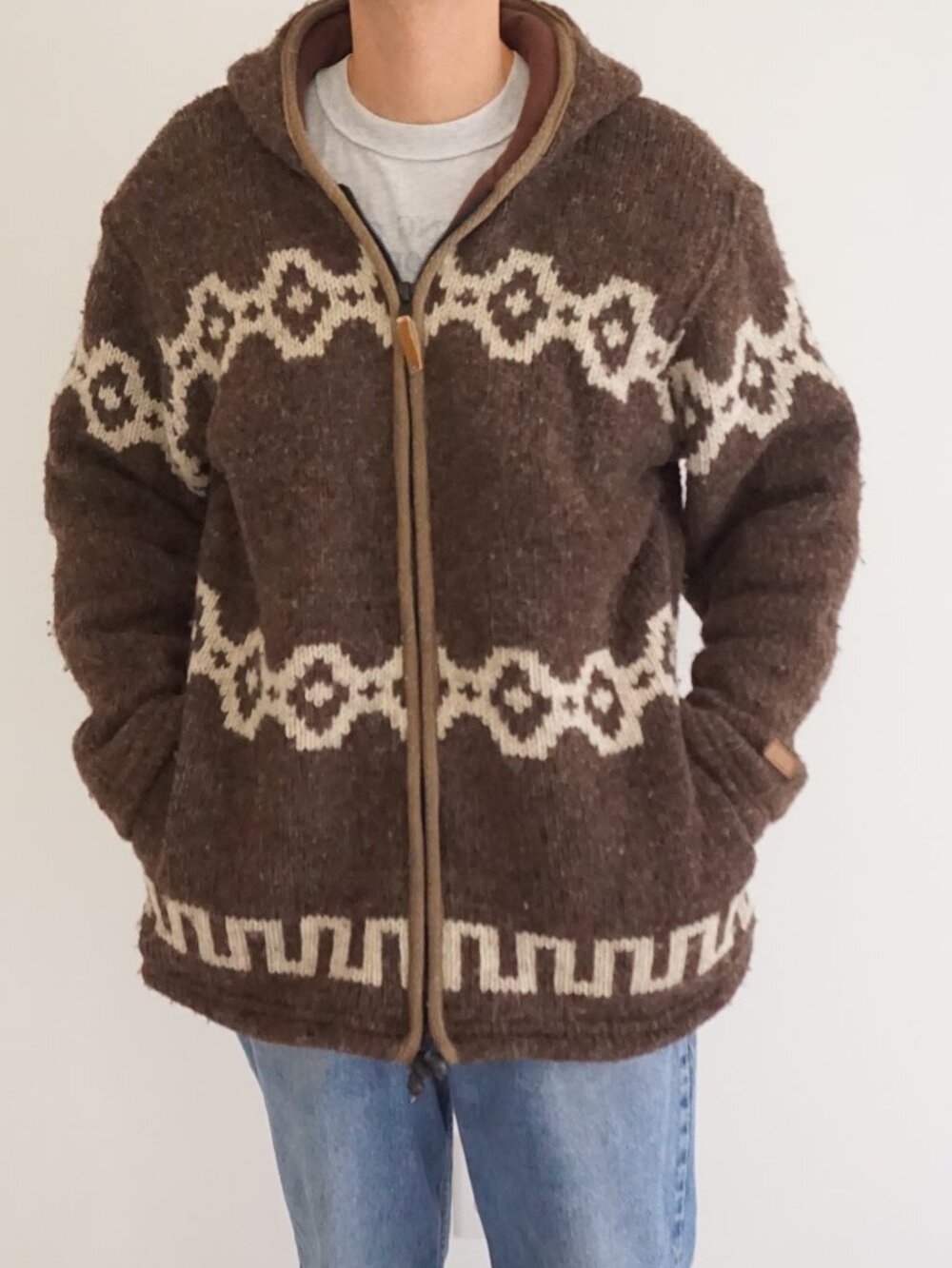 Ark Imports Brown Geometric Aztec Hooded Full Zip Chunky Wool Jacket Sweater XL
